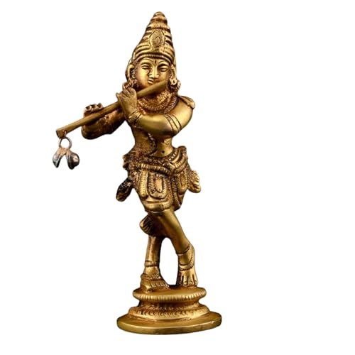 Image of 100% Pure Brass Lord Krishna Idol with Flute 12 cm | Handcrafted Shree Krishna Murti for Home Temple & Decor | Small Kanha Ji Statue for Office Desk | Spiritual Housewarming Gift