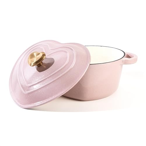 Olla holandesa de hierro fundido esmaltado en forma de corazón con tapa, olla de sopa de cocotte con forma especial en blanco y negro, olla para estofado con flores naranjas, 22 cm