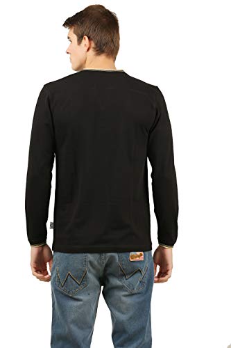 Image of Zebu Men's Full Sleeve Cotton Henley Neck Tshirt with bio wash (Pack of 1). Black