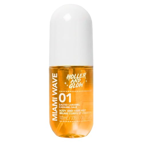 Image of HOLLER AND GLOW Miami Wave Salted Caramel Body & Hair Mist, Body Spray For Women, Hair Perfume For Women, Sweet Coconut, Vanilla Scented, Warm & Sweet, Travel Sized, 3.38 Fl Oz