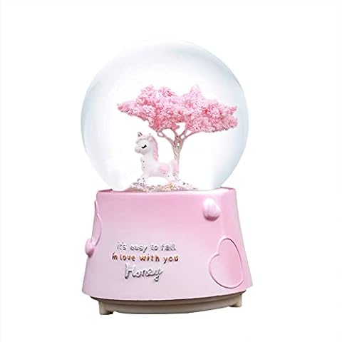 Sakura Tree Unicorn Snow Globe Music Box, 80MM Resin Musical Snowglobe with Colorful LED Lights for Birthday Christmas Valentine Gift Home Decor (Pink) Cover