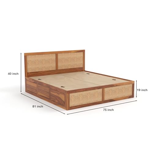 Image of Sheesham Wood Cane Bed with Box Storage for Bedroom | King Size Wooden Double Bed Palang with Rattan Headboard & Footboard (Honey Finish)