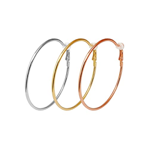 3 Paires De Clips d'Oreilles, Grand Ensemble De Créoles, Boucles d'Oreilles Pour Femmes Non Percées, Boucles d'Oreilles Pour Femmes Hypoallergéniques En Or Rose Et Argent Plaqué Or （4cm）