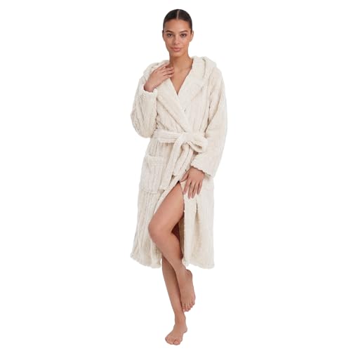 Image of HEARTNICE Fuzzy Soft Robes for Women, Long Plush Hooded Robe Fluffy Warm Bathrobes