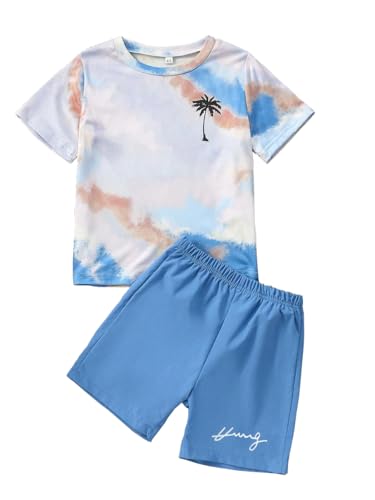 Image of Kid Toddler Baby Boys Clothes Tie-dye Palm Leaf Top 2Pcs Summer Shorts Set