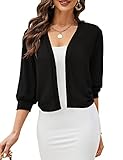 KOJOOIN Damen Bolero Jäckchen Langarm Kurze Strickjacke mit Knopf Elegante Weiche Jacke V Ausschnitt Schulterjacke zum Kleid Schwarz,XL
