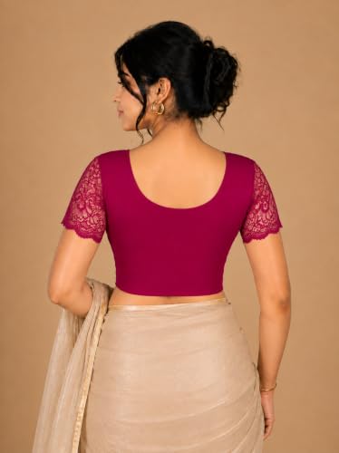 Image of Abhi Cotton Readymade Saree Blouse for Women- Half Net Sleeves, Round Neck, Regular-fit, Stretchable, Pull-on Style Blouse
