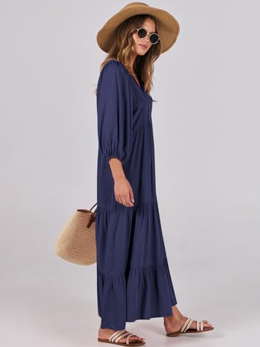 Image of ANRABESS Womens Boho Floral 3 /4 Puff Sleeve Maxi Dress | Tiered Flowy Loose Fit, Comfy Soft Rayon Fabric, Wedding Guest Church Beach, Modest Elegant, Spring Summer Fall Outfits