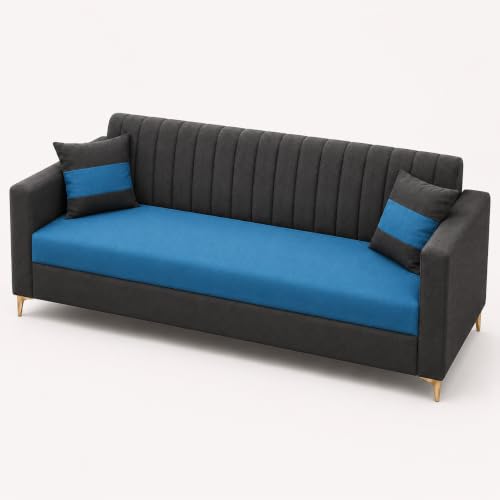 Image of FURNY Signature Regalia 3 Seater Sofa Set | Boston Fabric | 40D Foam + Zigzag Spring | 3-Yr Warranty (Ash Grey, Ocean Blue) | Modern Living Luxury Sofa Set for Home, Office & Hotel Spaces