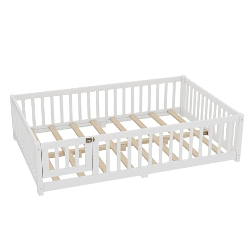 Full Size Floor Bed with Slats and Center Support Bar, Montessori Floor Bed with Fence and Door White