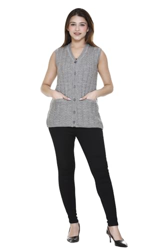Image of aarbee Self Design Sleeveless V Neck Woollen Cardigan for Women with Front Pockets