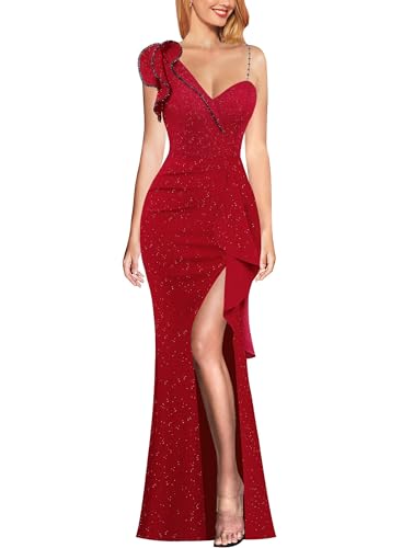 VFSHOW Womens Elegant Ruffle One Shoulder Beaded Strap Wedding Formal Maxi Dress 2023 Ruched Slit...