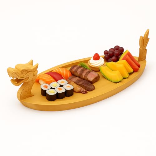LEQC 19.7 Bamboo Dragon Sushi Boat Hand-Carved Sushi Serving Tray for Home Parties & Appetizers