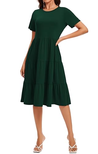 Image of Womens Summer Short Sleeve Crew Neck Midi Dress 2026 Casual Fit Flowy Tiered Beach Vacation Sundress with Pockets
