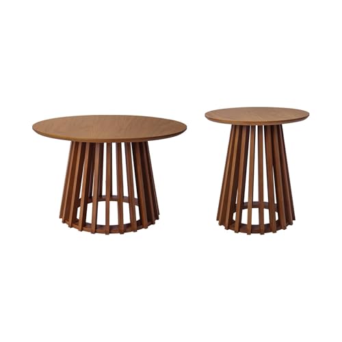 sweeek - Set de 2 Tables Basses Rondes Plateau Effet Bois Noyer et Pieds en Bois de Sapin. Ø40cm et Ø60cm