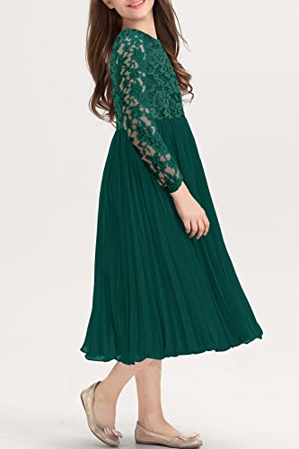 Hosika Vintage Lace Flower Girls Dress 3/4 Sleeve A-Line Pleated Christmas Party Dress Dark Green 12 Years #TOP3