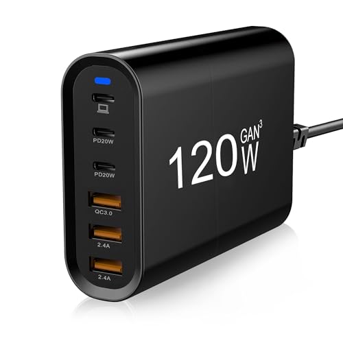 Image of USB C Charger 120W, GaN 6 Ports USB Charging Station with 3 Type-C and 3 USB A, Fast Charging Multiport Wall Power Adapter for lPad lPhone 14 13 12 11 Pro Max, Galaxy Android Phones, Ma c
