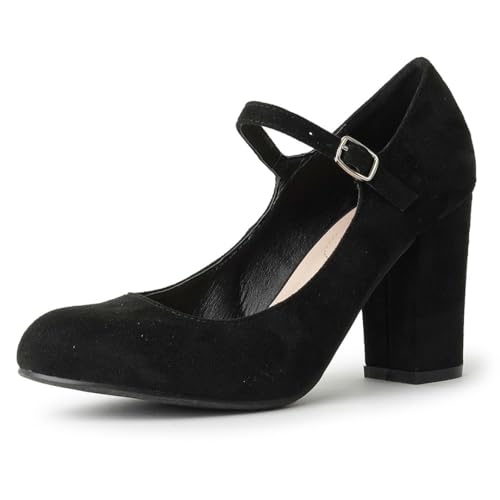 Mary Jane High Heel - Cute Round Toe Block Heel - Classic Comfortable Easy Dress Shoe - Skippy by J Adams, Black Suede, 5.5 B(M) US