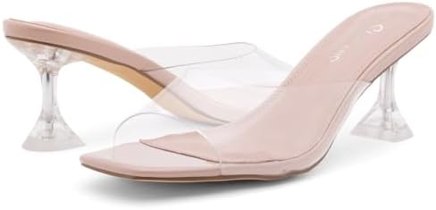 Shoe Land Womens Celebrate Clear Heels Sandals Transparent Stiletto Heeled Slides Square Open Toe Slip on Dress Mules, ClearNude, Size 9.0 | Image 6