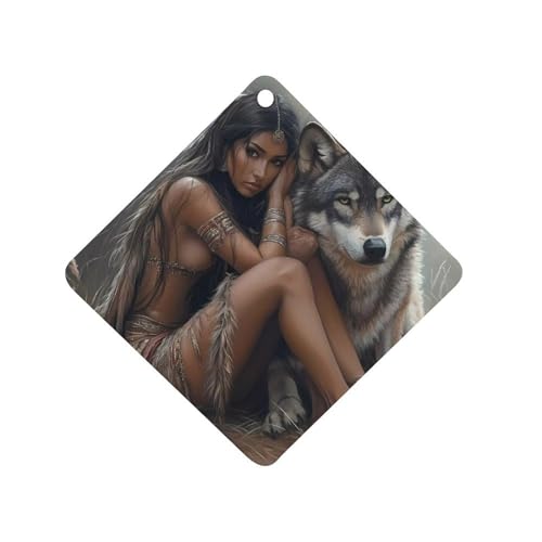 Indian Maiden And Wolf Native Am-erican Car Air Freshener Hanging Aromatherapy Tablets for Car Accessories Rhombus
