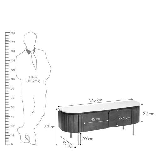 Image of The Attic Carlston TV Cabinet, Solid Wood Sideboard for Living Room, Black Matte Finish with Ceramic Marble Top
