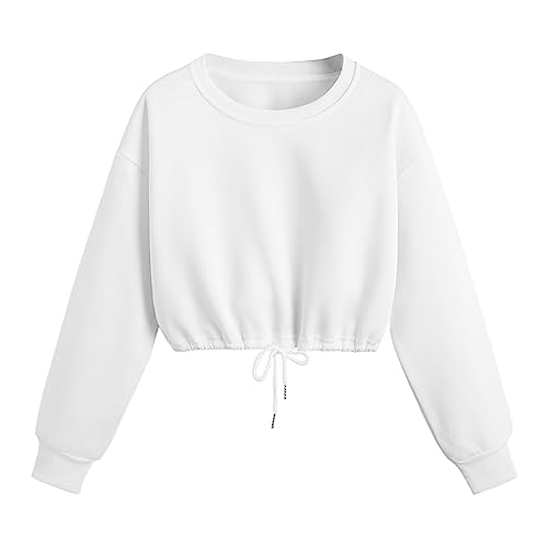 Mujeres Casual Liso Cuello Redondo Manga Larga Crop Top Sudadera Suelta Tirantes Top, Blanco, M