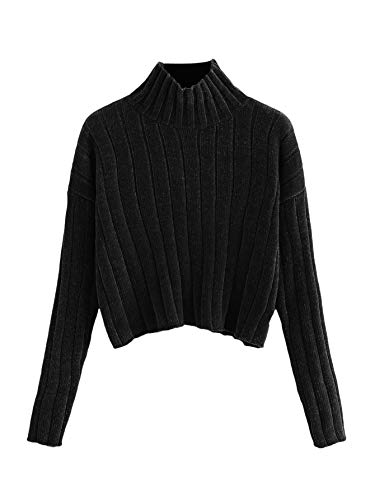 SheIn Women's High Neck Drop Shoulder Raw Hem Crop Sweater Pullovers Black Medium