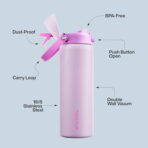 Image of Insulated Water Bottle with Straw - Encool Stainless Steel Water Bottle with Push Button Lid, Leak-Proof & BPA-Free, Keeps Cold for 24 Hours for Sports, Travel, Gym (32 oz, Thistle-Fuchsia)