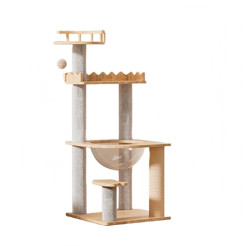 キャットタワー キャットハウス キャットステップ 展望台 宇宙船型透明ボウル 大型猫用 多頭飼い 麻紐爪とぎポール 高い安定性 厚さを増した板材 運動不足解消 (ホワイトカラーです, 45*45*120CM爪柱を研ぎます)