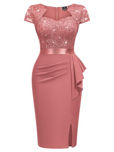 Image of Miusol Women's Elegant Square Neck Glitter Sequin Lace Cocktail Dress | Sparkly sequin lace, bodycon fit, chic ruffle, women dress perfect for wedding guest, cocktail and semi formal events