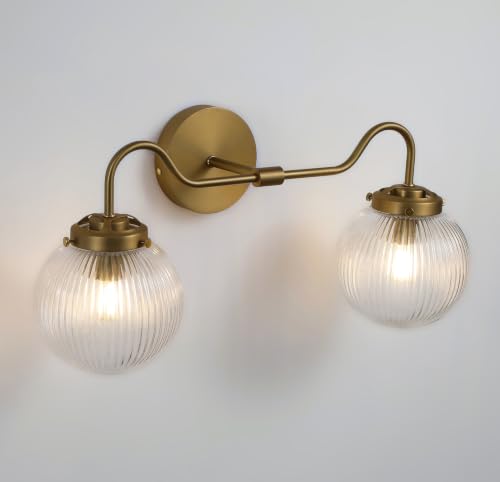 Image of 20 Inch Brushed Gold Vanity Light 2 Light Heavy Ribbed Glass Globe Brass Bathroom Light Fixture (Bulb Included)
