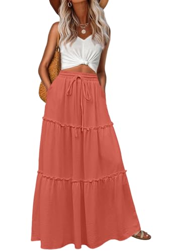 Image of Lepunuo Womens Casual Boho High Waisted Flowy Maxi Skirts Tiered Floral Long Skirts with Pockets for Summer Beach Vacation