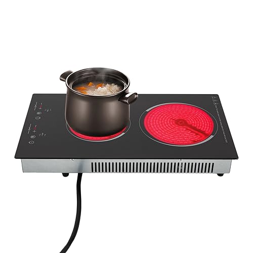 Electric Ceramic Cooktop with Plug, 1500W 110V Portable Induction Cooktop 2 Burners Electric Built-in Cooktop Sensor Touch Control Countertop Electric Hot Plate, 9 Heating Level