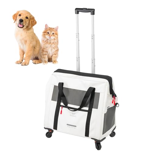 Ferplast Trasportino Gatto VOYAGER TROLLEY, Trasportino per Cani, Manico Estensibile, Cinghie Regolabili, Ampia Apertura, Ruote Removibili, In Eco-Pelle, Max 15 kg, 46 x 26 x 48H cm, Bianco
