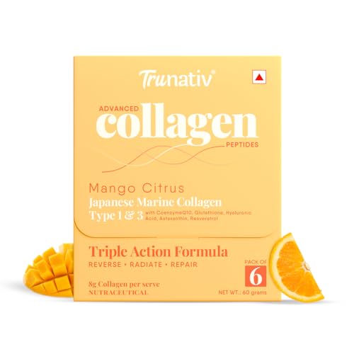 Image of Trunativ Collagen Supplements | Advanced Japanese Marine Collagen Powder for Women & Men | Type 1 and 3 Hydrolyzed Peptides | Supplement with Hyaluronic Acid | Supports Skin Glow, Hair Growth, and Nail Strength | Mango Citrus | 60g (Pack of 1)