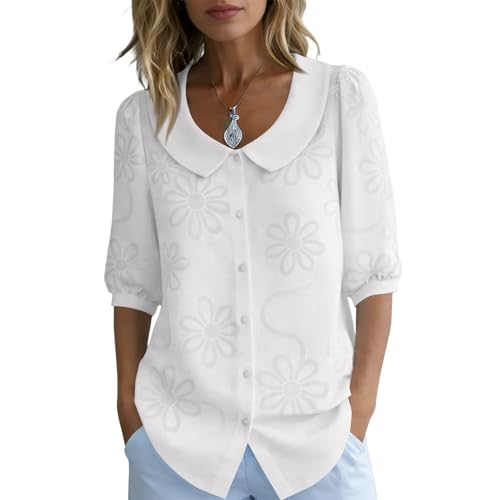 Image of Womens Tops Dressy Casual Button Down Shirts for Women UK Vintage Blouses 3/4 Puff Sleeve Tops Peter Pan Collar Floral Jacquard Shirt for Everyday Office Smart White XL
