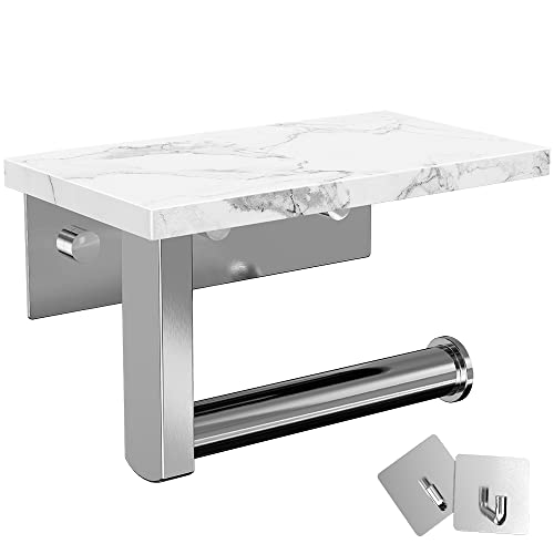 Toilettenpapierhalter mit Ablage, Marmor Toilettenpapierrollenhalter Wandmontage, SUS304 Edelstahl Taschentuchaufbewahrung Halter für Badezimmer mit 2 Haken, Silber Cover