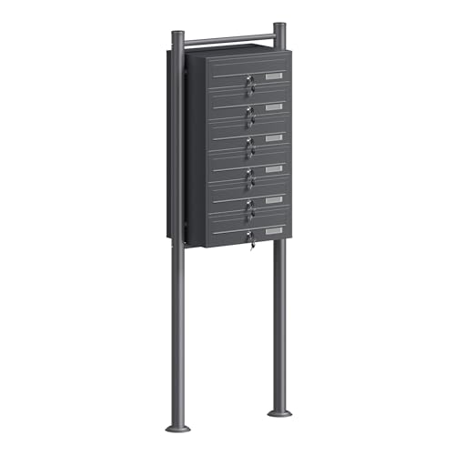 Wiltec 6er Briefkastenanlage Anthrazit 556 x 270 x 1500 mm, Standbriefkasten mit 6 Fächern, Schlüssel und Namensschild, Briefkasten Postkasten mit Ständer