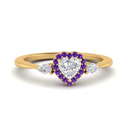 Image of 55Carat Choose Your Gemstone Halo Pear Accent Diamond CZ Ring Yellow Gold Plated Heart Shape Petite Engagement Rings Everyday Jewelry Wedding Jewelry Handmade Gifts for Wife US Size 4 to 12