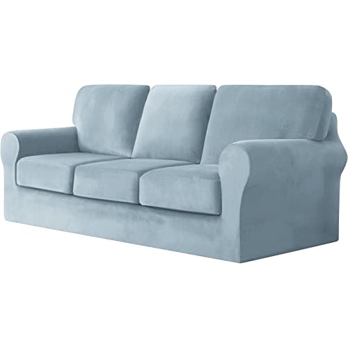 Housse de canapé 3 places velours extensible bleu housse de coussin dossier séparé - 2