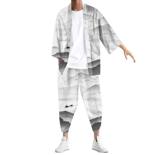 Kimono de verano para hombre, 2 piezas, camiseta de manga corta, traje de ocio, camiseta de entrenamiento, pantalones cortos, conjuntos japoneses, albornoz tradicional, cárdigan estampado, chaqueta