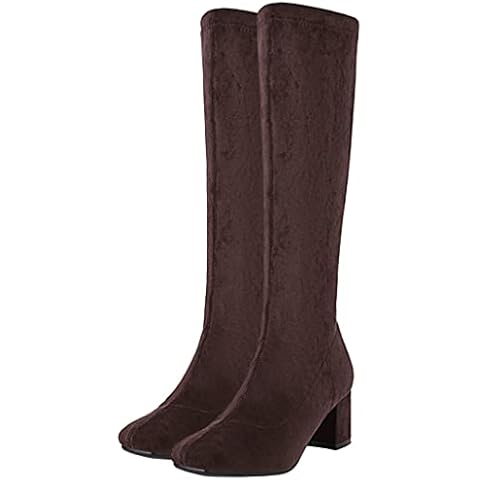 KISSASA Womens Faux Suede Zip Up Knee High Square Toe Knee Length Heeled Boots Size 8UK,Brown Cover