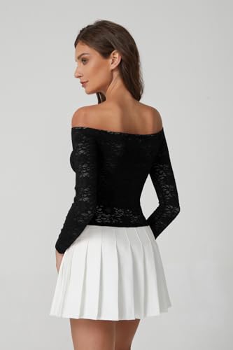 QINSEN Womens Lace Trim Off Shouder Top Long Sleeve Double Lined Y2k Trendy T Shirts4