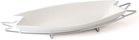 Evviva Lunchbox aus Porzellan mit Halterung aus Stahl Farbe Silber. Maße des Tellers 40 x 18 cm. Ovale Form. Praktisch und elegant, ideal für Ihren Tisch.