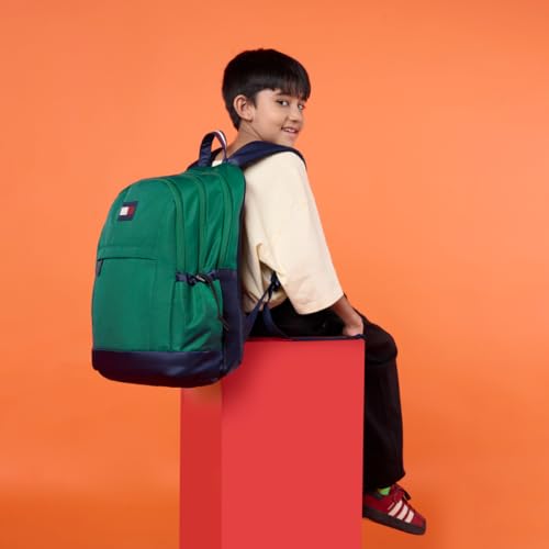 Image of Tommy Hilfiger Professional School Backpack Stud - Ornamental Green+Navy | Durable Water-Resistant Bag for Teens with Signature Metal Logo | 3 Compartments | Integrated Rain Cover | 30L Capacity