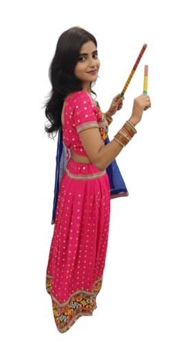Image of BookMyCostume Lehenga Choli for Girls with Dandiya Set | Pink Kids Garba Costume for Navratri | Kids Lehenga for Girls with Dupatta & Dandiya Sticks | Traditional Garba Nights Outfit | 12-16 Years