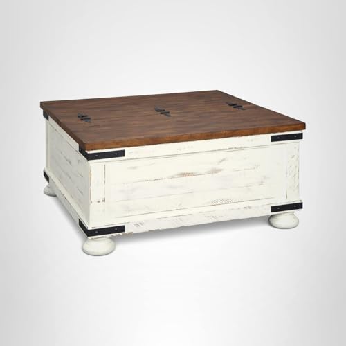 Signature Design by Ashley Wystfield Farmhouse Coffee Table with Storage, Hinged Lift Top, Wood, 36" W x 36" D x 18" H, Distressed White