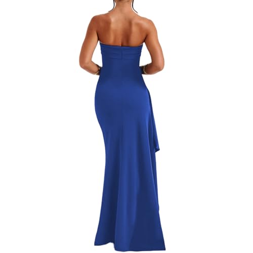 Image of Women's Sexy Strapless Backless High Split Long Maxi Dress Ruched Off Shoulder Sleeveless Bodycon Party Cocktail Dresses