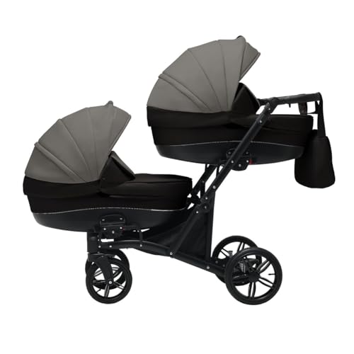 Cochecito doble gemelar 3en1. Carrito las 3 piezas y accesorios: 2 capazos + 2 sillas de paseo + 2 sillas de coche + accesorios. BBtwin - Long Star. Negro + gris.