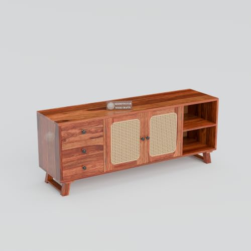 Image of Solid Wood TV Entertainment Unit with 3 Drawers, 2 Cane Doors & Open Storage Shelf | Wooden TV Stand & Media Console Cabinet for Living Room | Mid-Century Modern Television Cabinet | Walnut Finish